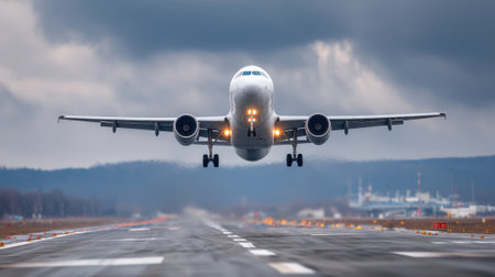 An airplane lifts from the runway under cloudy skies engines roaring as it embarks on a journey. The airport scenery adds to the dramatic atmosphere of departure.の素材