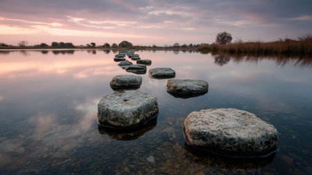 A serene scene shows large stones forming a pathway across still water. The sunset paints the sky in warm colors reflecting on the water's surface. Nearby trees and grasses frame the view.の素材
