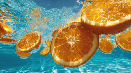 Orange slices float in bright blue water creating a vibrant and refreshing scene. Sunlight dances on the surface enhancing the cheerful atmosphere of summer.の素材