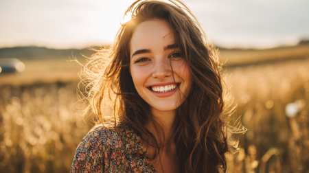 A woman with long hair smiles warmly while standing in a golden field during sunset. Her joyful expression reflects the beauty of the moment and the surrounding nature.の素材