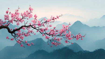 A branch of cherry blossoms blooms vibrantly against a serene backdrop of misty mountains during early morning. The soft colors create a peaceful atmosphere.の素材