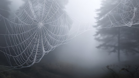 Delicate spider web stretches across the scene shimmering with dew. Fog creates a mysterious atmosphere as trees fade into the background. The early morning light enhances the haunting beauty.の素材