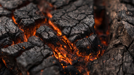 Glowing embers and charred wood create a warm atmosphere as the fire burns down. The reddish orange glow illuminates the darkened surroundings offering a cozy feel to the scene.の素材