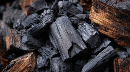 Charcoal blocks are piled together displaying their dark texture and natural grain. The soft lighting emphasizes the contrast between the shiny and matte surfaces of the pieces.の素材