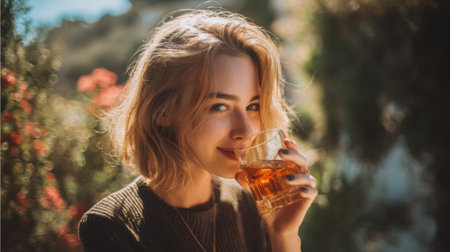 Bright sunlight filters through the trees as a young woman with wavy hair smiles warmly while holding a glass of amber liquid. Vibrant flowers surround her in the garden.の素材