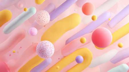 Bright and vibrant design showcases a mix of curved shapes and spheres in various colors on a soft pastel background. The artistic arrangement creates a cheerful atmosphere.の素材