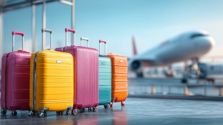 Brightly colored suitcases are lined up on the tarmac of an airport as a large airplane is parked nearby. It is daytime and travel excitement fills the air.の素材