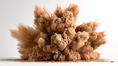 A large cloud of dust bursts into the air creating a striking visual effect. The disturbance sends particles scattering in all directions against a neutral background.の素材