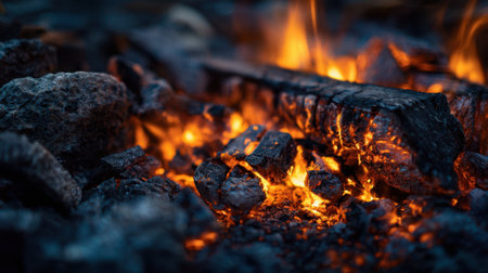 Flickering flames dance around a charred log illuminating glowing embers and rough stones. This serene outdoor scene captures the essence of a relaxing evening around the campfire.の素材