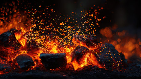 Bright orange sparks and glowing embers fly from burning coals creating a dynamic scene during a night fire. The radiant heat and light contrast with the dark background.の素材