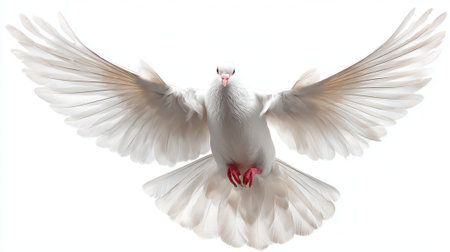 A white dove gracefully spreads its wings wide in mid flight highlighting its soft feathers and striking appearance. The background is bright and serene emphasizing the dove's beauty.の素材