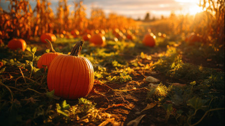 Bright orange pumpkins are scattered across a rustic farm field surrounded by tall corn stalks as the sun sets casting a warm glow over the scene.の素材