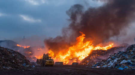 Flames and thick smoke rise from a large fire at a waste disposal site with machinery present at the scene. It is early evening and the sky is overcast.の素材