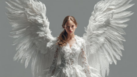 A model stands confidently in a studio wearing a delicate gown adorned with intricate details. She displays large elegant white feather wings that enhance her ethereal appearance.の素材