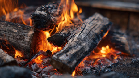 Bright flames rise from a crackling campfire surrounded by logs and ashes creating a cozy atmosphere on a cool night under the stars.の素材