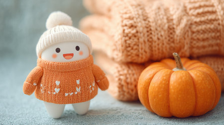 A cheerful character with a round face dressed in an orange sweater is placed beside stacked knitwear and a small pumpkin. This cozy scene captures the essence of autumn.の素材