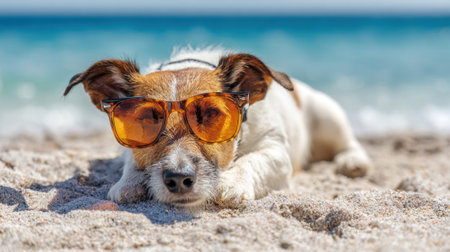 A playful dog enjoys the warm sand of the beach, wearing stylish sunglasses. The calm ocean waves reflect sunlight in the background on a bright, clear day.の素材