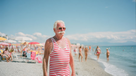 An elderly man wearing a red and white striped swimsuit walks along the shore, enjoying a sunny beach day. Colorful umbrellas and other beachgoers fill the background.の素材