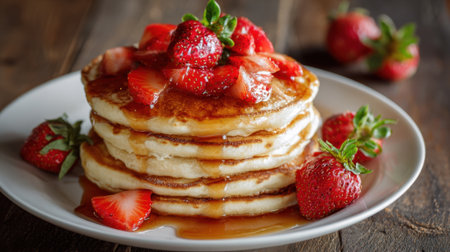 Fluffy pancakes are stacked high on a white plate. They are generously topped with fresh strawberries and a drizzle of syrup. The scene is set on a rustic wooden table.の素材