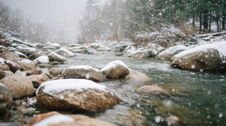 Snow blankets the rocks while gentle snowflakes fall into the river creating a peaceful winter scene.の素材