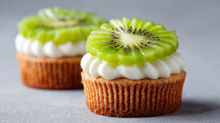 Two fresh cupcakes are topped with creamy white frosting and slices of vibrant green kiwi. The treats are arranged neatly on a soft gray surface, showcasing their inviting appearance.の素材