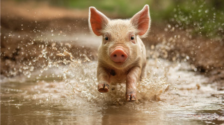 A small piglet plays energetically in a muddy puddle on a sunny day. Water splashes around as it jumps, showcasing its playful spirit in a rural setting.の素材