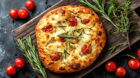 Warm flatbread topped with juicy cherry tomatoes and fragrant rosemary sits invitingly on a wooden board.の素材