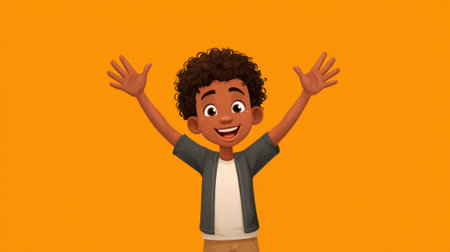A joyful young boy with curly hair is smiling broadly while raising his hands in excitement. The background is a vibrant yellow, enhancing his cheerful expression.の素材