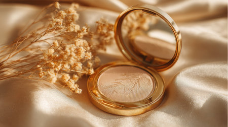 A beautiful cosmetics compact shines on creamy fabric beside delicate dried flowers capturing warmth.の素材
