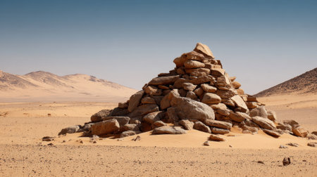 A pyramid made of stones rises prominently from the sandy desert, surrounded by distant mountains and under the bright afternoon sky. The landscape is dry and barren.の素材