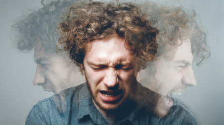 A man with curly hair shows clear signs of frustration as he passionately expresses his emotions. The background is blurred, highlighting his intense reaction to inner conflicts.の素材