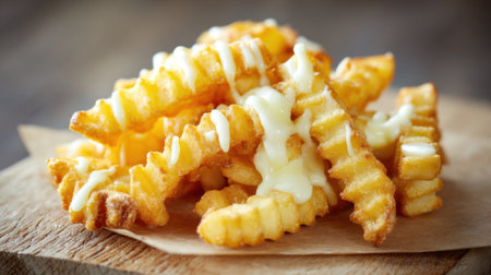 Golden crinkle-cut fries sit on a wooden board, topped with a rich, creamy sauce. The fries are crispy and inviting, perfect for a snack or side dish.の素材