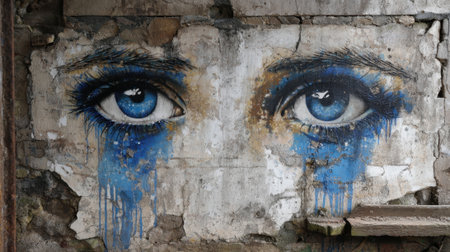 A stunning mural displaying expressive blue eyes with blue tears, set against a textured, weathered wall. The artwork captures deep emotions and invites reflection.の素材
