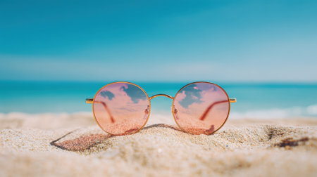 Round sunglasses with pink lenses are placed on soft sand by the shore. The ocean sparkles in the background under a clear blue sky, creating a perfect beach scene.の素材