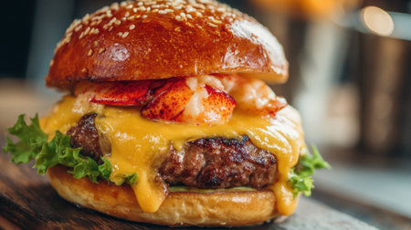 Juicy beef burger layered with fresh lettuce and topped with rich lobster and cheese.の素材