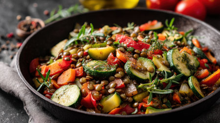 A vibrant mix of zucchini, bell peppers, and carrots is cooked with lentils in a skillet. Fresh herbs and ripe tomatoes surround the dish, capturing the essence of healthy cooking.の素材