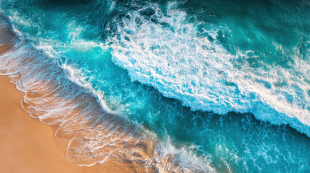 Turquoise waters crash against a shoreline, creating white foam as the waves retreat. The bright blue sky enhances the serene beach atmosphere on a sunny day.の素材