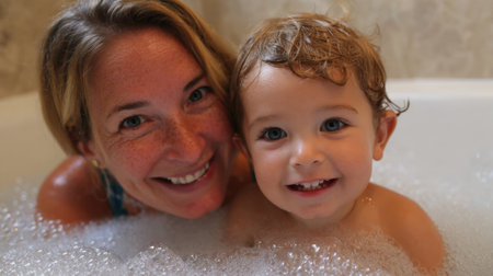 A mother and her young son share a playful moment in a bubble-filled tub. They smile brightly, enjoying quality time together in a warm and inviting bathroom.の素材