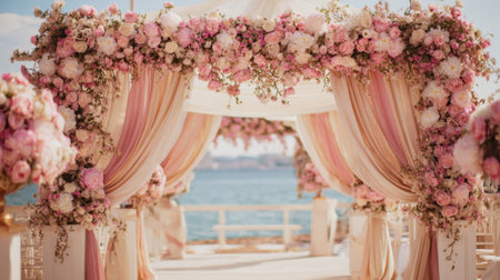 Beautifully arranged ceremony arch adorned with pink and white flowers, draped in soft fabric, set against a serene ocean view during sunset, creating a romantic atmosphere.の素材