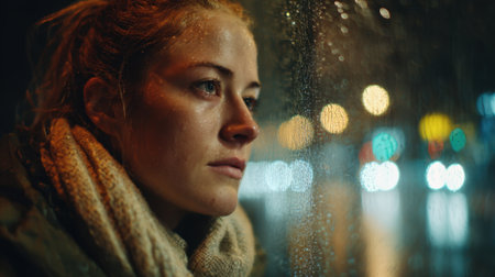 A woman gazes thoughtfully outside a rain-soaked window during a nighttime city scene. Her scarf keeps her warm as she reflects amidst the glowing lights.の素材