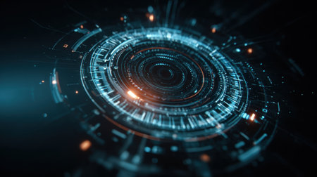 A vibrant digital interface displays glowing circular patterns and lines, representing abstract technology and innovation. The scene evokes a sense of advanced digital design.の素材