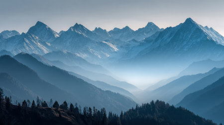 Vast serene mountain landscape at dawn showing layers of blue and misty peaks in the distance.の素材