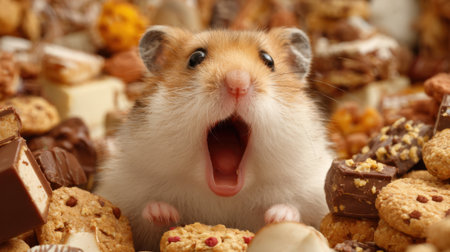 A small hamster with fluffy fur sits in the center of an assortment of sweet snacks and treats. It appears surprised, adding a fun element to the scene filled with cookies and chocolates.の素材