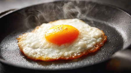 A sunny-side up egg sizzles in a cast iron skillet, steam rising and a golden yolk sitting atop white. This scene captures the joy of simple cooking in a home kitchen.の素材