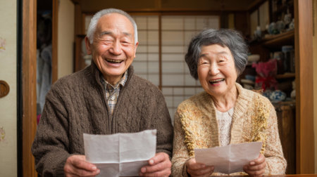 A joyful elderly couple sits together in their warm, inviting home. They are smiling widely as they read letters, showing their happiness and connection. Sunlight fills the room.の素材