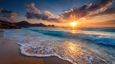 Beautiful sunset lights up the sky with warm colors as gentle waves wash onto a peaceful beach. The horizon glows, creating a serene atmosphere for relaxation.の素材