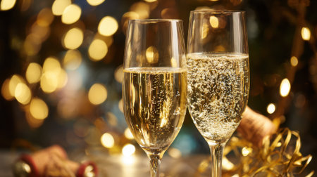 Two elegant glasses filled with sparkling beverage stand together, surrounded by warm golden lights and festive decorations, creating a cheerful holiday atmosphere.の素材