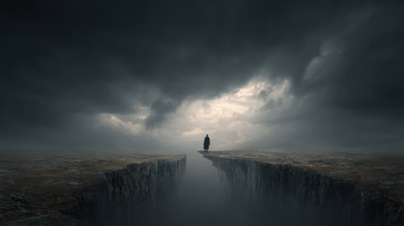 A lone figure stands on the edge of a deep crack in the barren ground as dark clouds loom overhead. The scene captures a sense of isolation and mystery during twilight.の素材