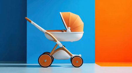 Brightly colored baby stroller stands against striking blue and orange walls evoking a cheerful vibe.の素材