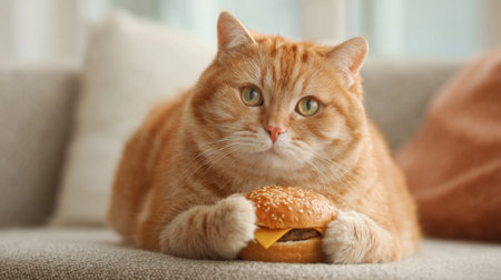 An orange cat rests on a couch, holding a cheeseburger with its paws. The living room is bright and cozy, creating a warm atmosphere in the afternoon light.の素材